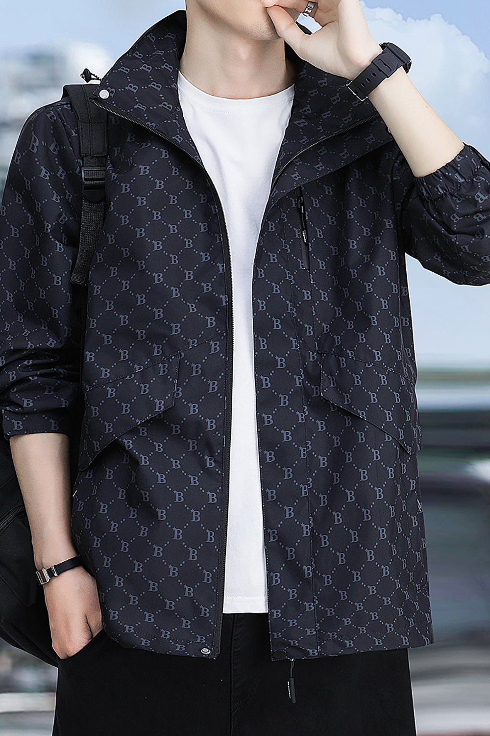 Men Brand Logo Printed Hooded Jacket