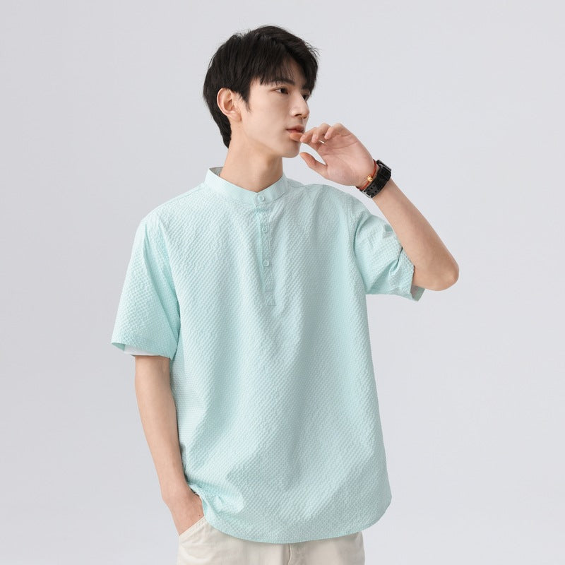 Men Textured Mandarin Collar Casual Shirt