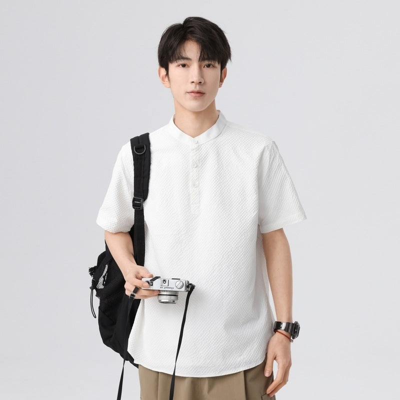 Men Textured Band Collar Casual Shirt