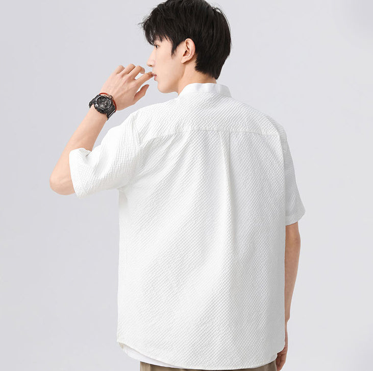 Men Textured Band Collar Casual Shirt