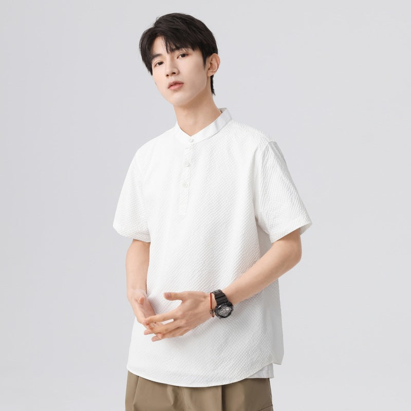 Men Textured Band Collar Casual Shirt