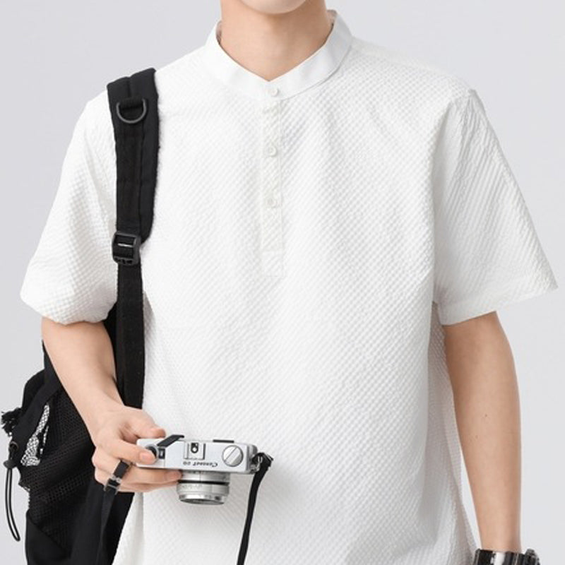 Men Textured Band Collar Casual Shirt