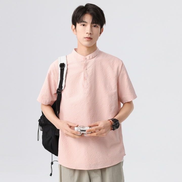 Men Textured Mandarin Collar Casual Shirt