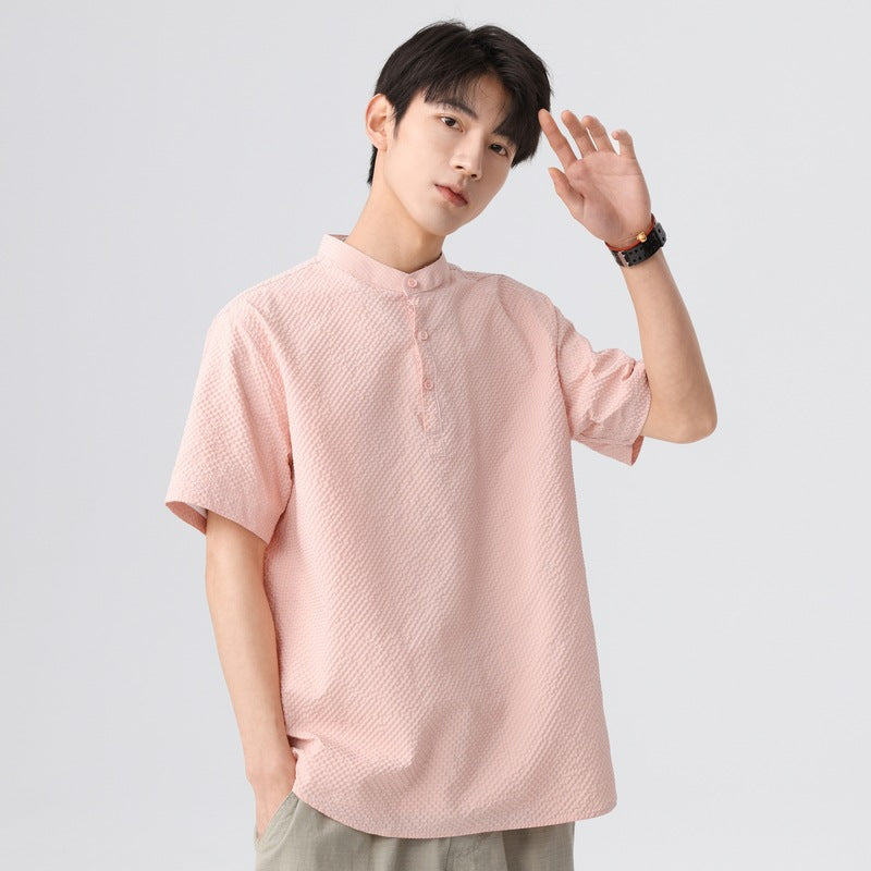 Men Textured Mandarin Collar Casual Shirt