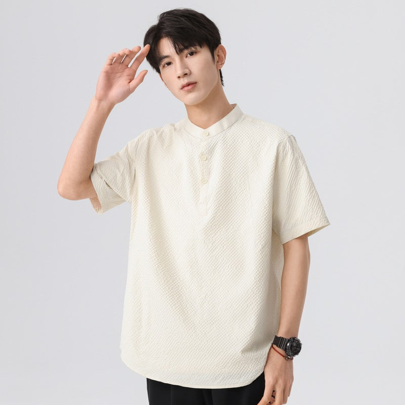 Men Textured Band Collar Casual Shirt