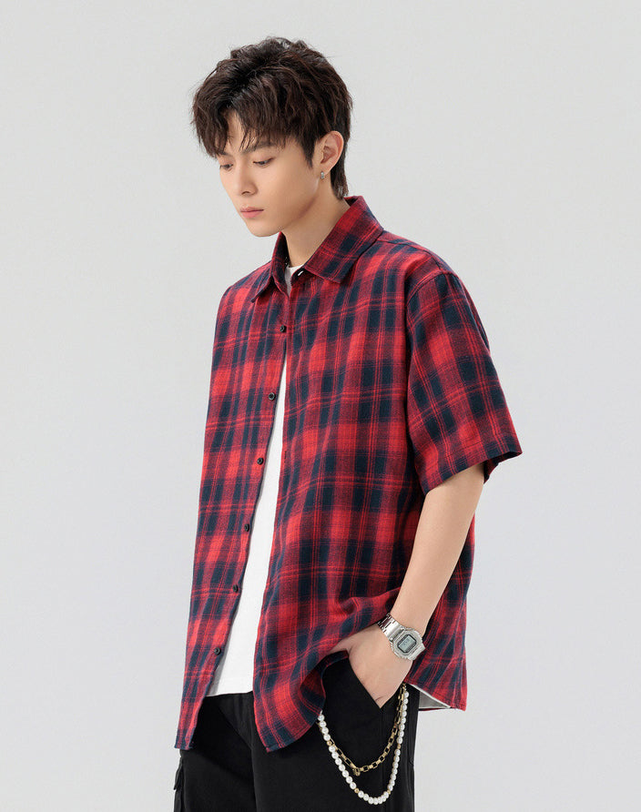 Men Buffalo Checked Spread Collar Casual Shirt