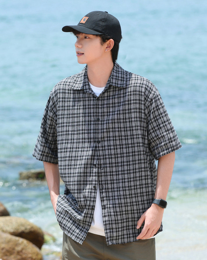 Men Gingham Checked Spread Collar Casual Shirt