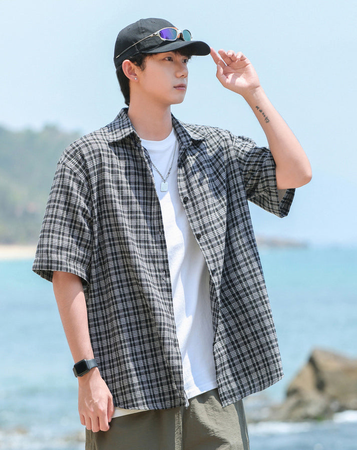 Men Gingham Checked Spread Collar Casual Shirt