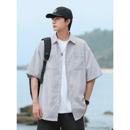 Vertical Stripes Striped Cutaway Collar Short Sleeves Shirt