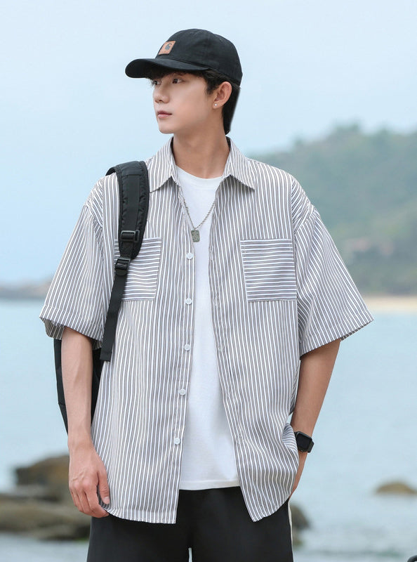 Vertical Stripes Striped Cutaway Collar Short Sleeves Shirt