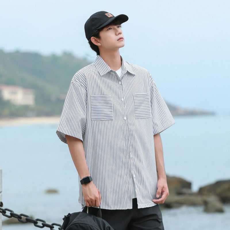 Vertical Stripes Striped Cutaway Collar Short Sleeves Shirt