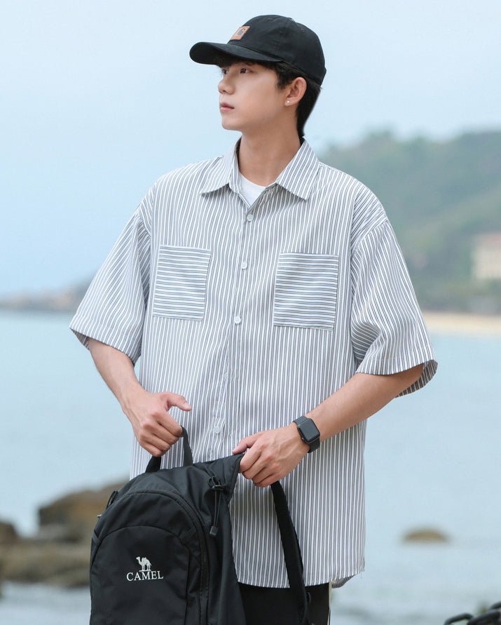 Vertical Stripes Striped Cutaway Collar Short Sleeves Shirt