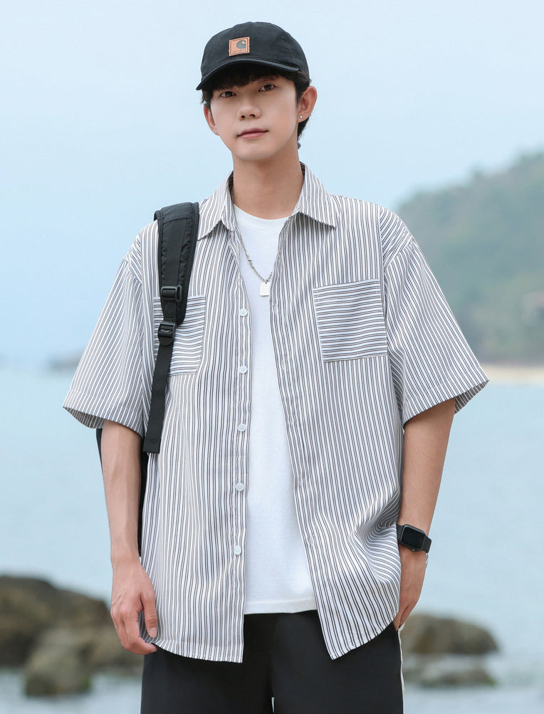 Vertical Stripes Striped Cutaway Collar Short Sleeves Shirt