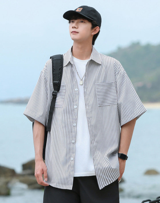 Vertical Stripes Striped Cutaway Collar Short Sleeves Shirt