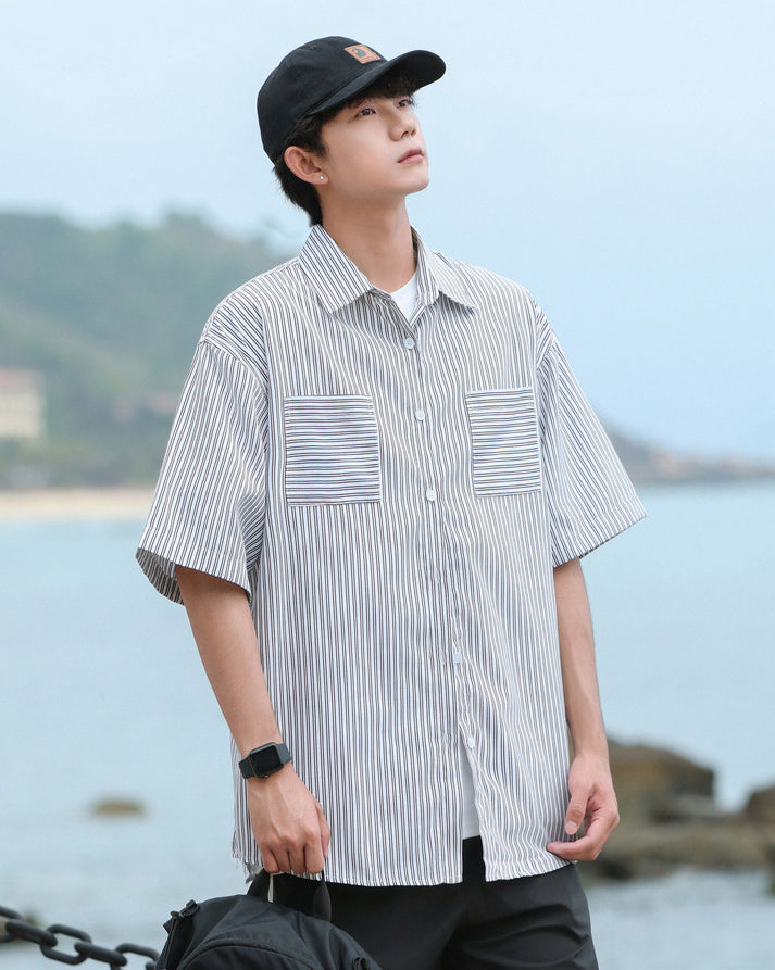 Vertical Stripes Striped Cutaway Collar Short Sleeves Shirt