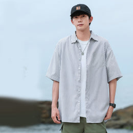 Vertical Stripes Striped Cutaway Collar Short Sleeves Shirt