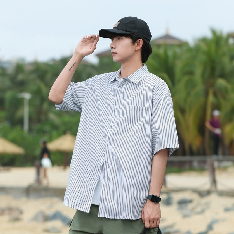 Vertical Stripes Striped Cutaway Collar Short Sleeves Shirt