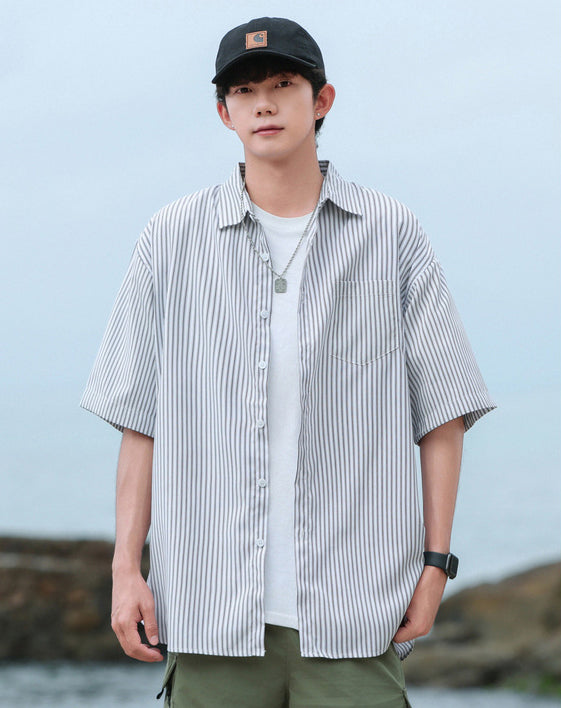 Vertical Stripes Striped Cutaway Collar Short Sleeves Shirt