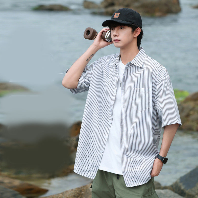Vertical Stripes Striped Cutaway Collar Short Sleeves Shirt