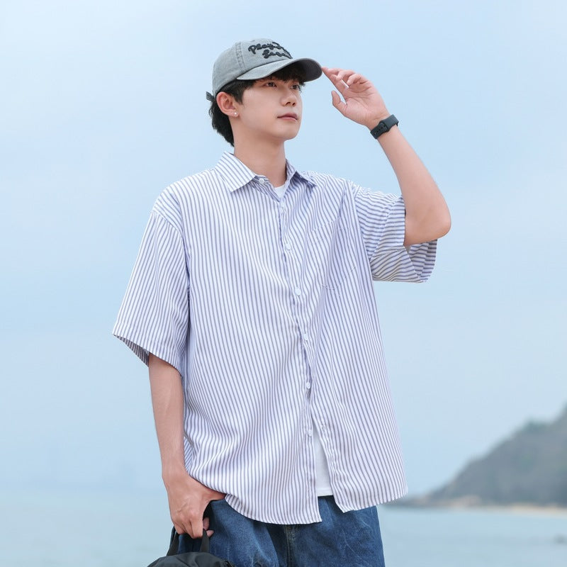 Men Vertical Striped Spread Collar Casual Shirt