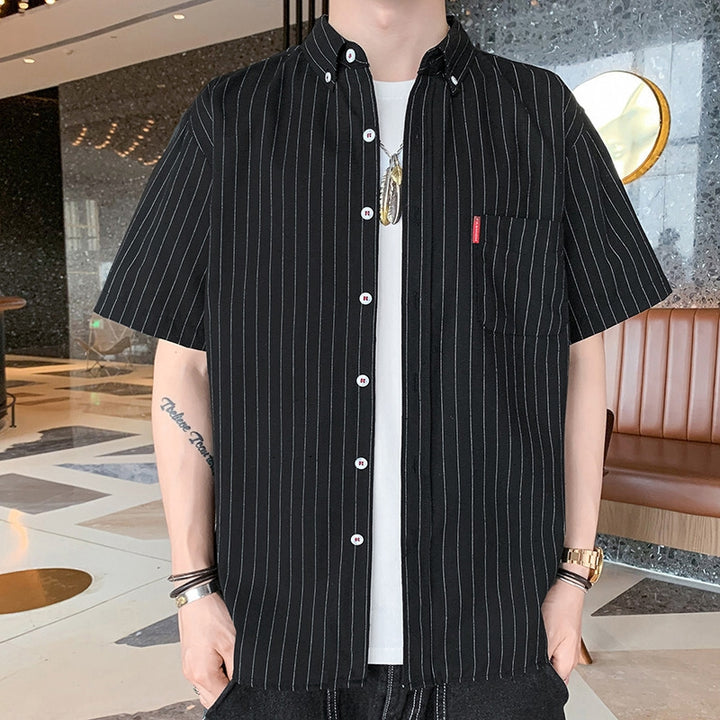 Men Vertical Striped Button-Down Collar Casual Shirt