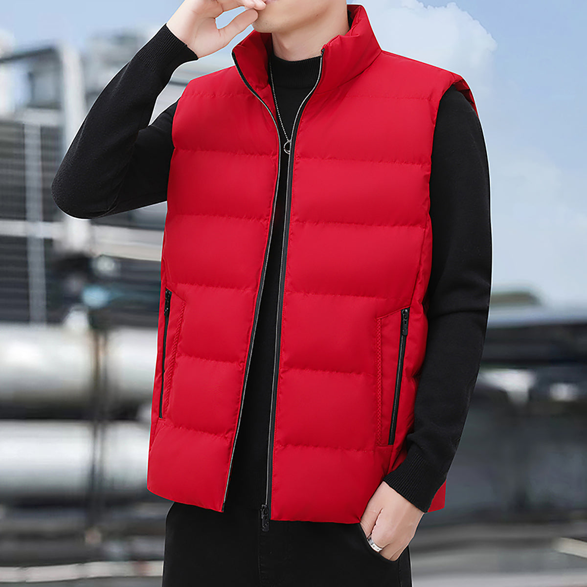 Men Stand Collar Sleeveless Padded Jacket