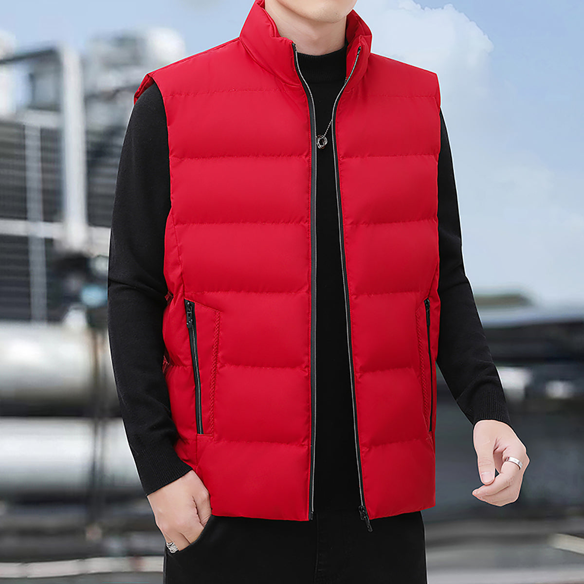 Men Stand Collar Sleeveless Padded Jacket