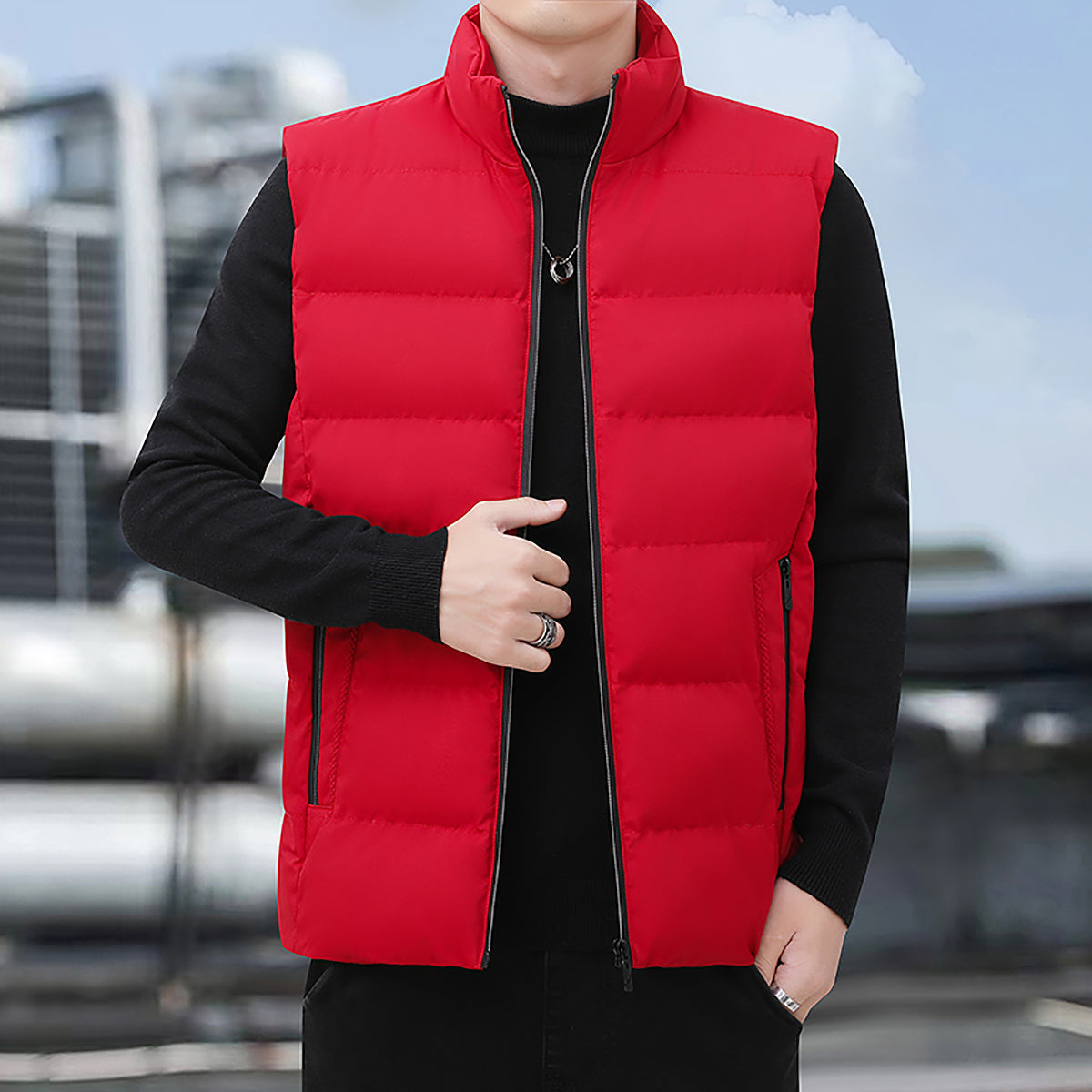 Men Stand Collar Sleeveless Padded Jacket