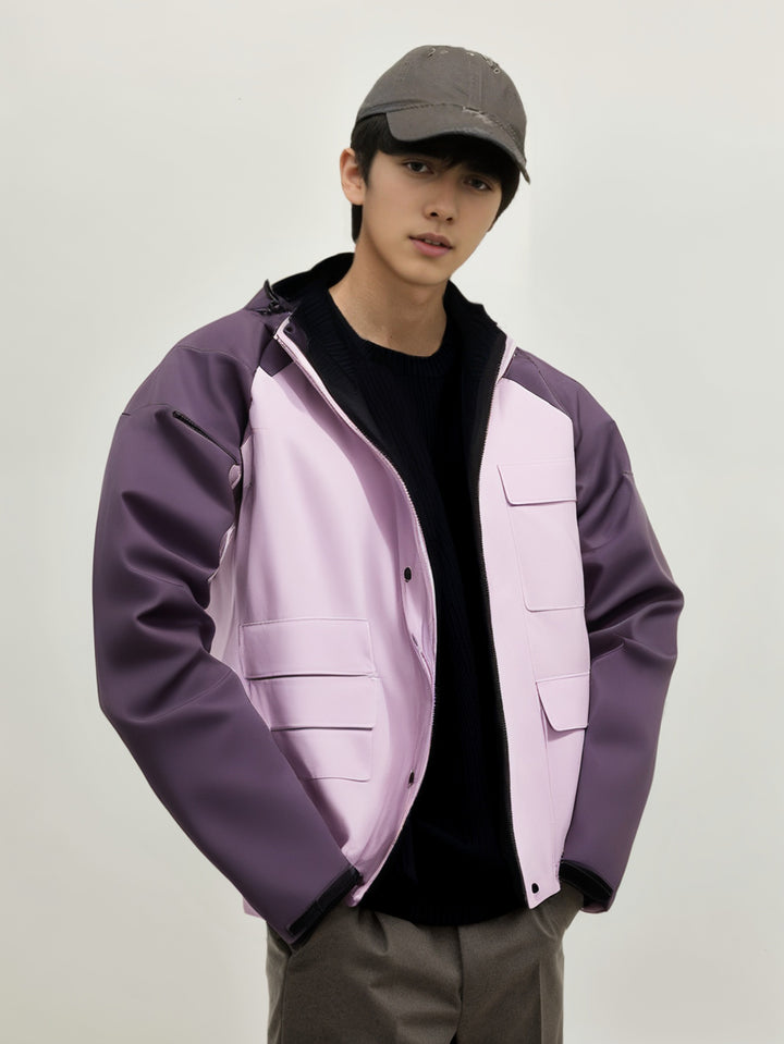 Men Hooded Colourblocked Casual Bomber Jacket