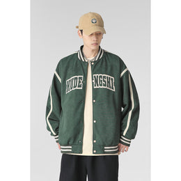 Men Stand Collar Typography Printed Casual Varsity Jacket