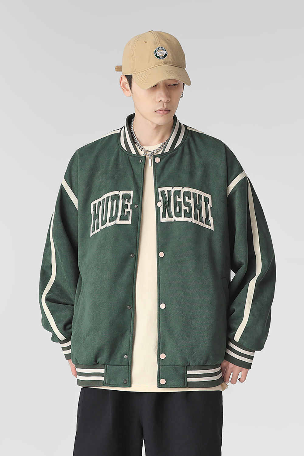 Men Stand Collar Typography Printed Casual Varsity Jacket