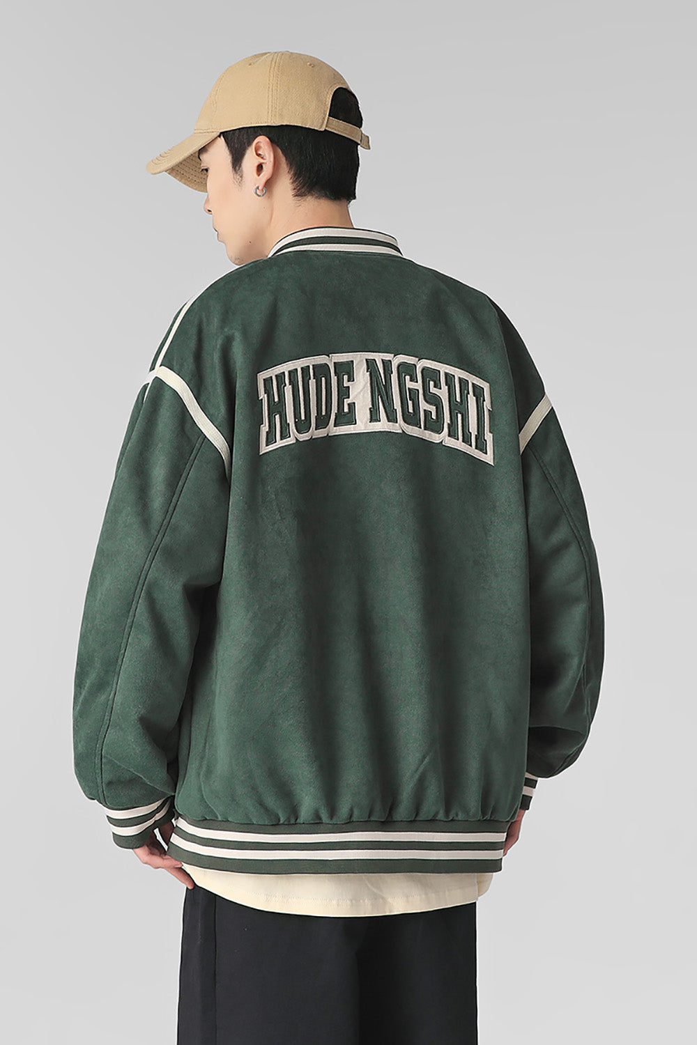 Men Stand Collar Typography Printed Casual Varsity Jacket