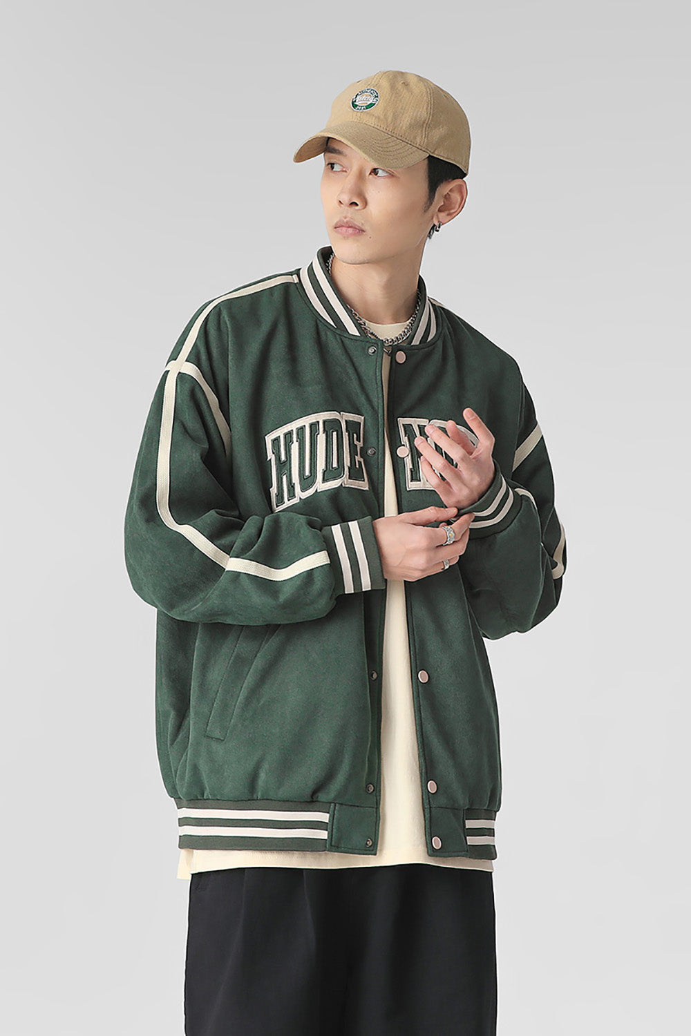 Men Stand Collar Typography Printed Casual Varsity Jacket