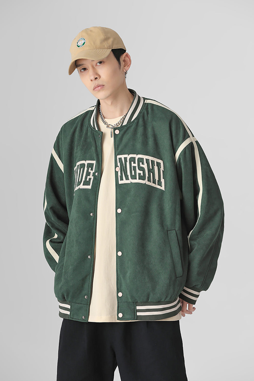 Men Stand Collar Typography Printed Casual Varsity Jacket