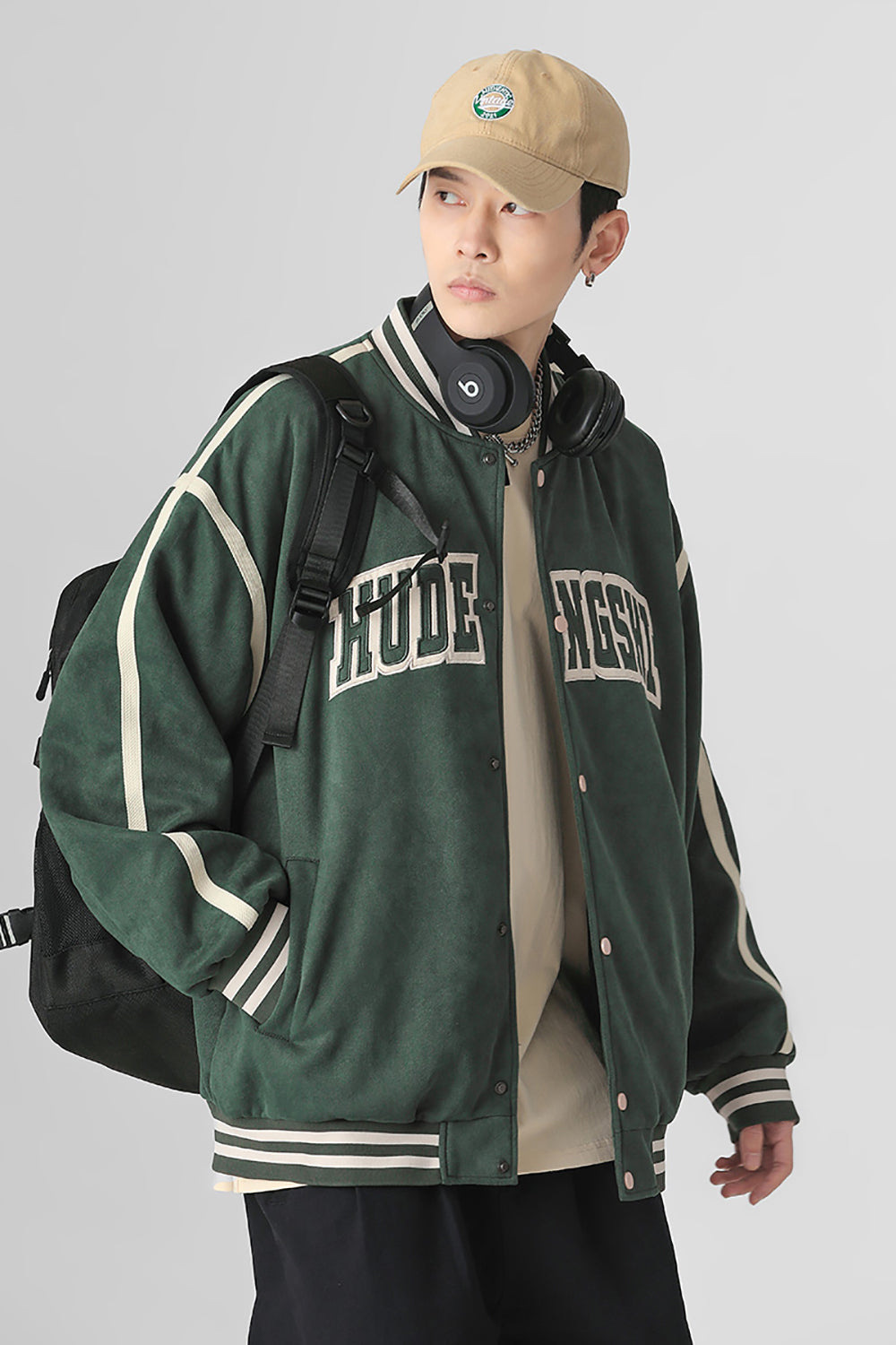 Men Stand Collar Typography Printed Casual Varsity Jacket