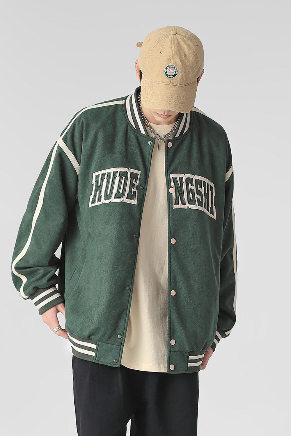 Men Stand Collar Typography Printed Casual Varsity Jacket