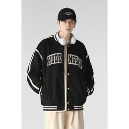 Men Stand Collar Typography Printed Casual Varsity Jacket