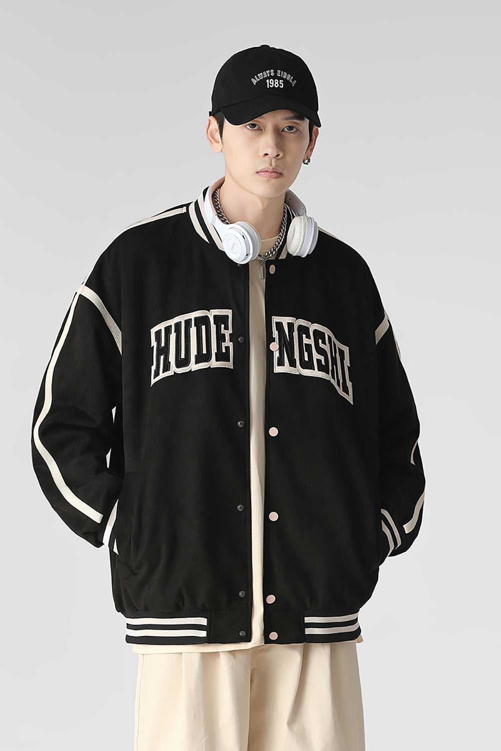 Men Stand Collar Typography Printed Casual Varsity Jacket