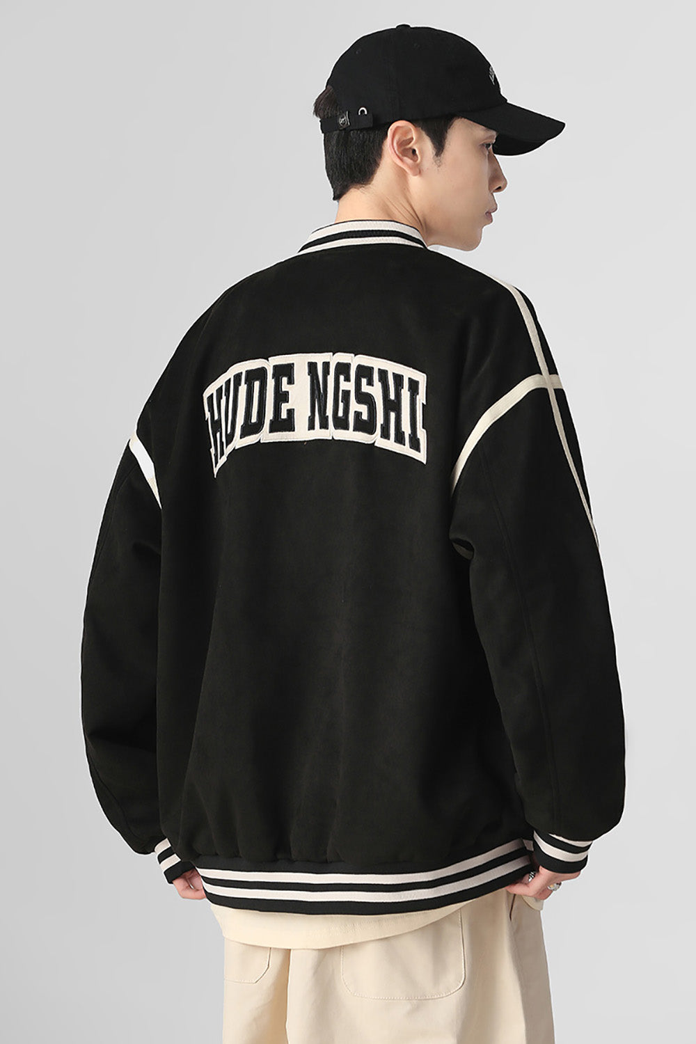 Men Stand Collar Typography Printed Casual Varsity Jacket
