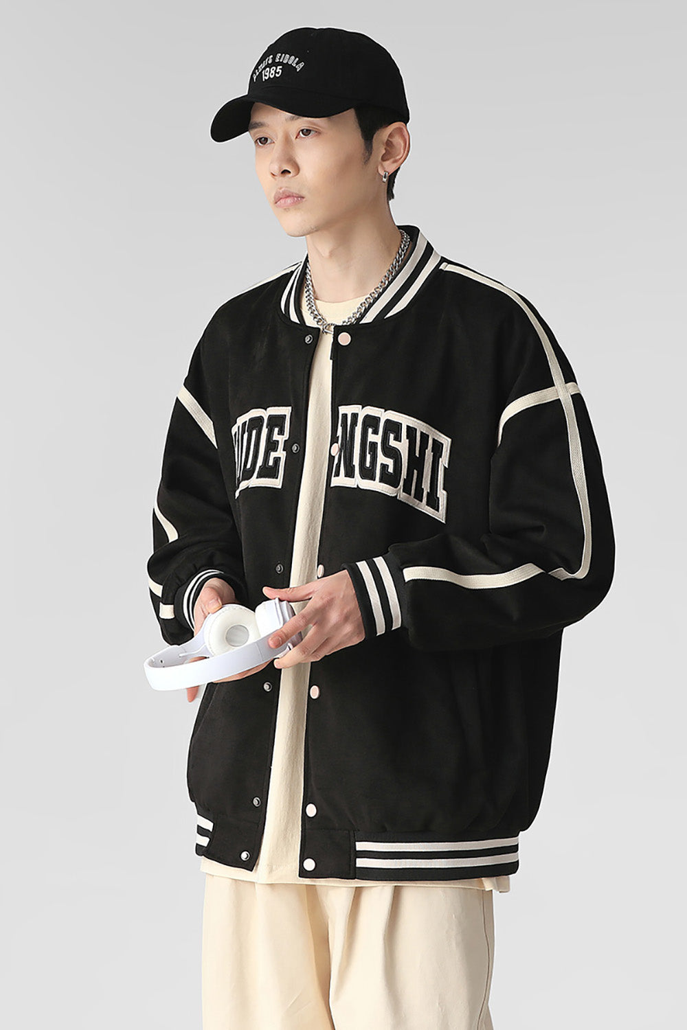 Men Stand Collar Typography Printed Casual Varsity Jacket