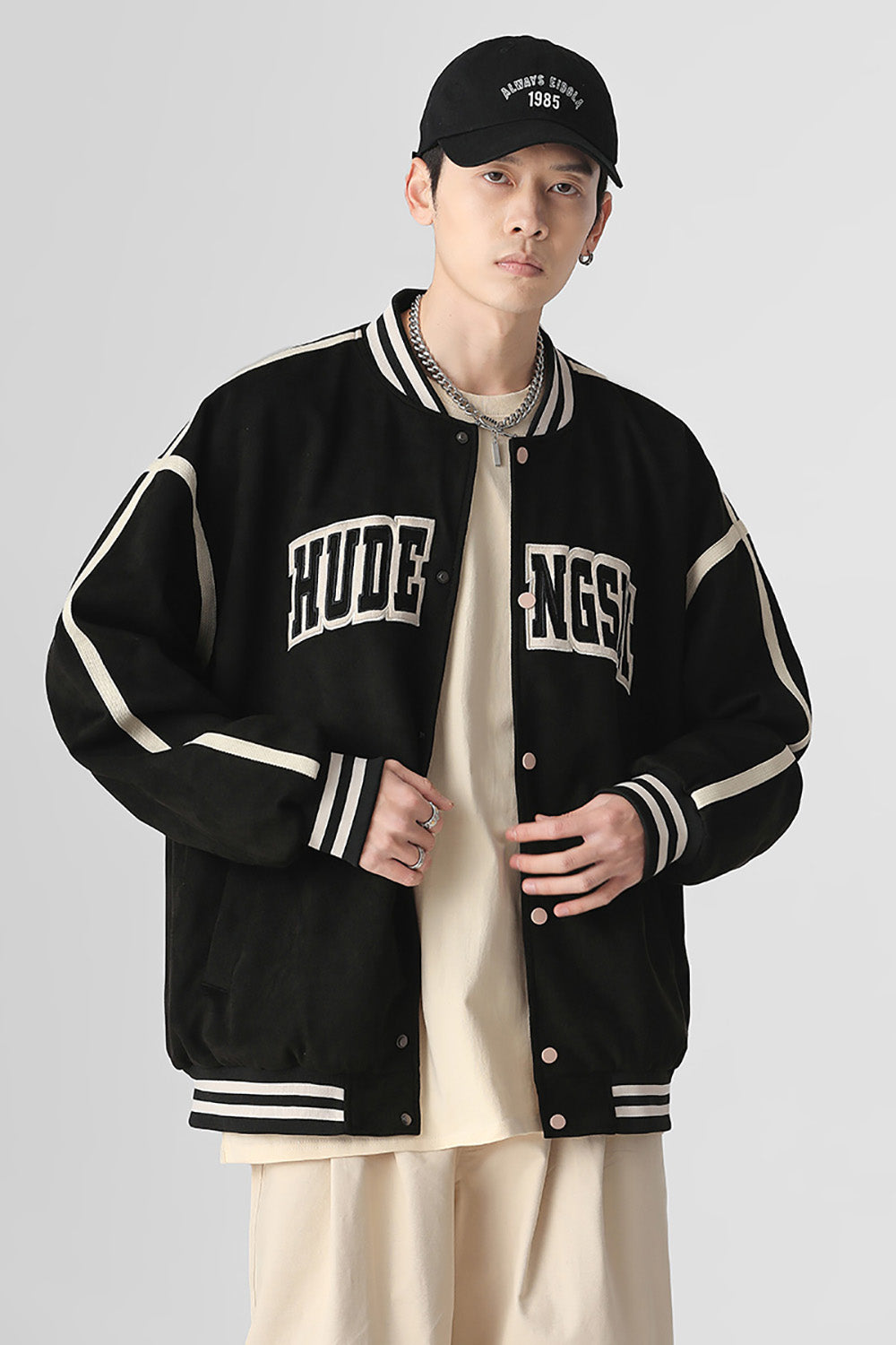 Men Stand Collar Typography Printed Casual Varsity Jacket