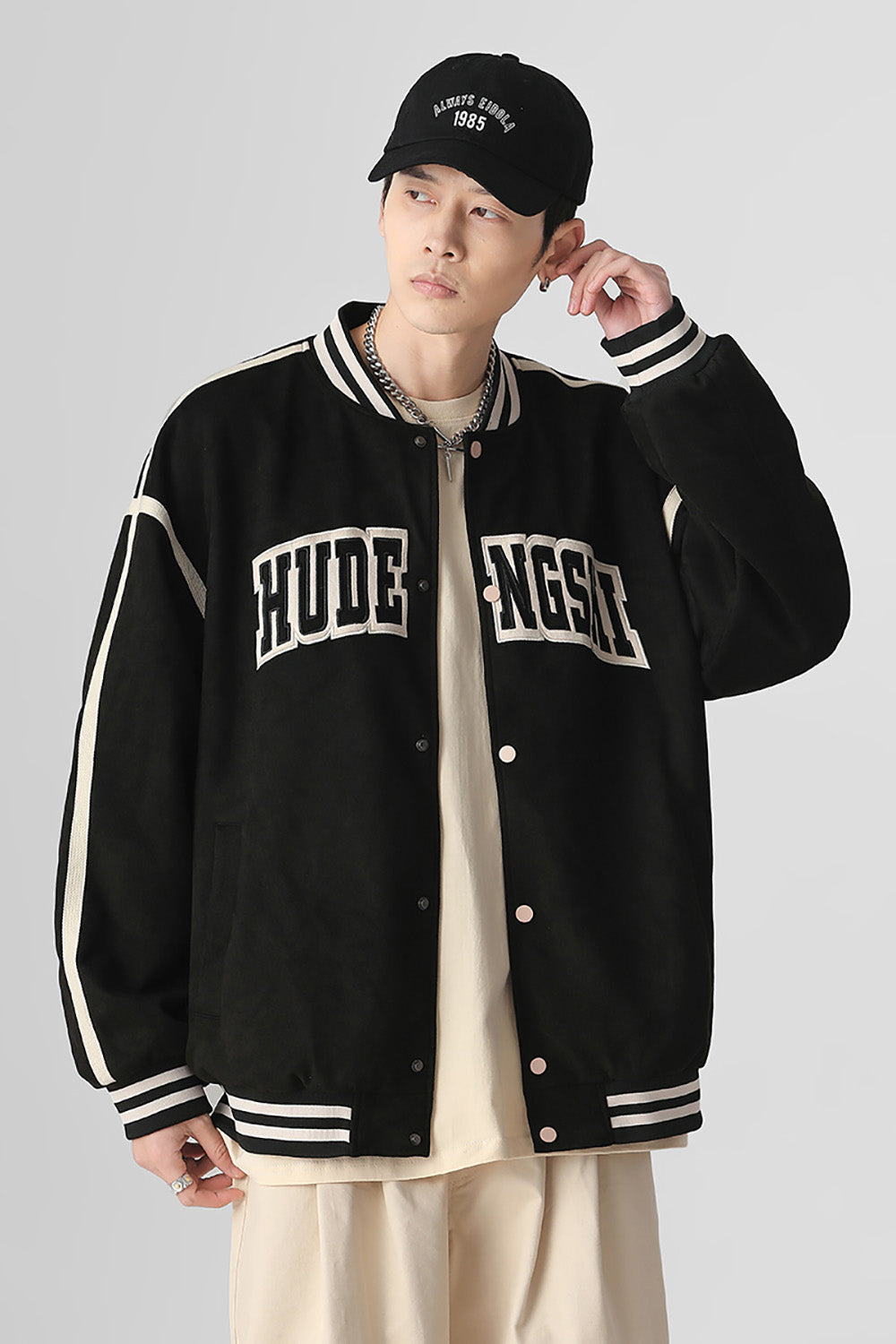 Men Stand Collar Typography Printed Casual Varsity Jacket