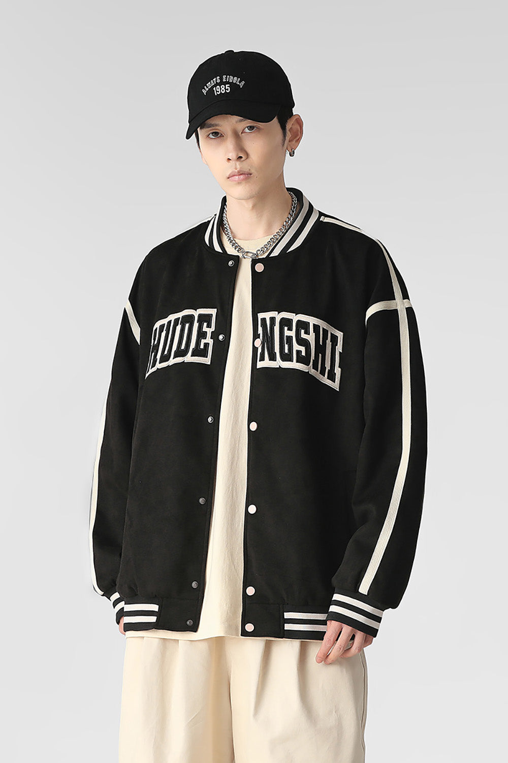 Men Stand Collar Typography Printed Casual Varsity Jacket