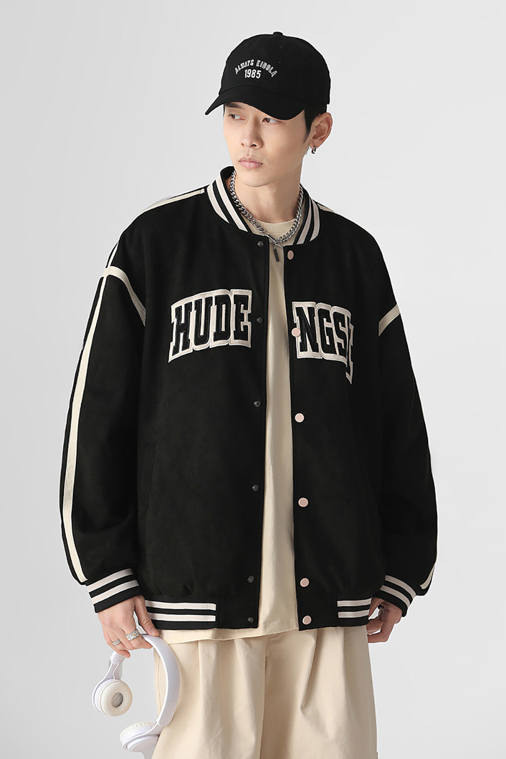Men Stand Collar Typography Printed Casual Varsity Jacket