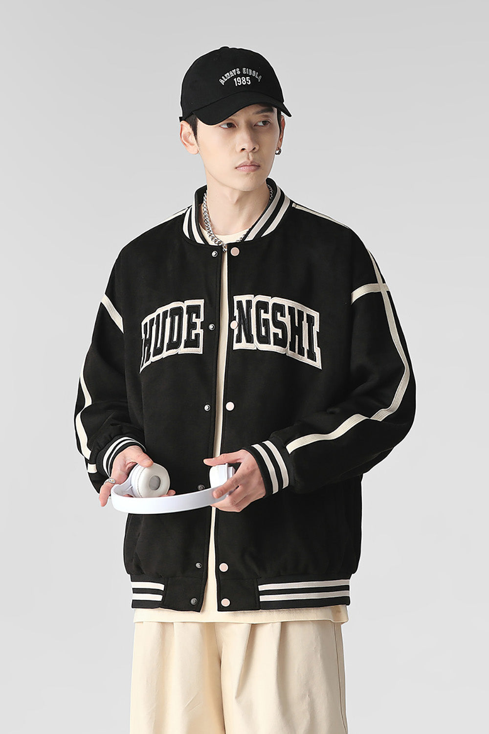 Men Stand Collar Typography Printed Casual Varsity Jacket
