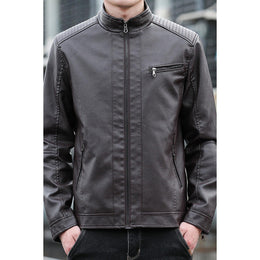 Men Mock Collar Solid Casual Leather Jacket