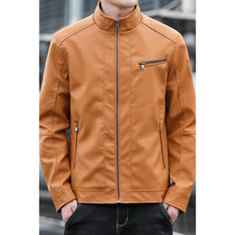 Men Mock Collar Solid Casual Leather Jacket