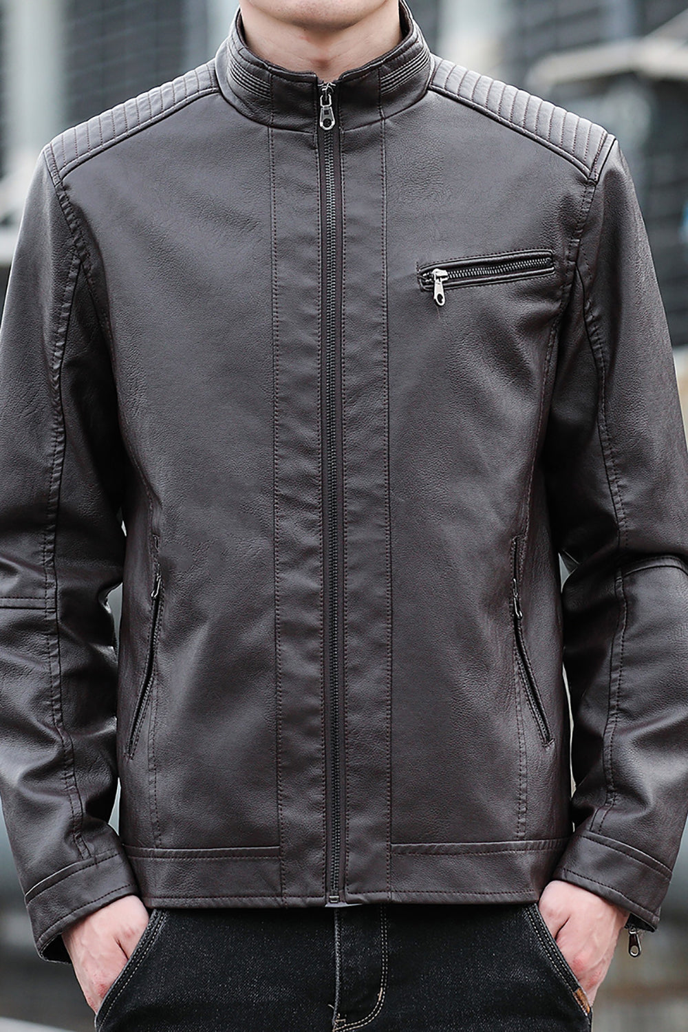 Men Mock Collar Solid Casual Leather Jacket