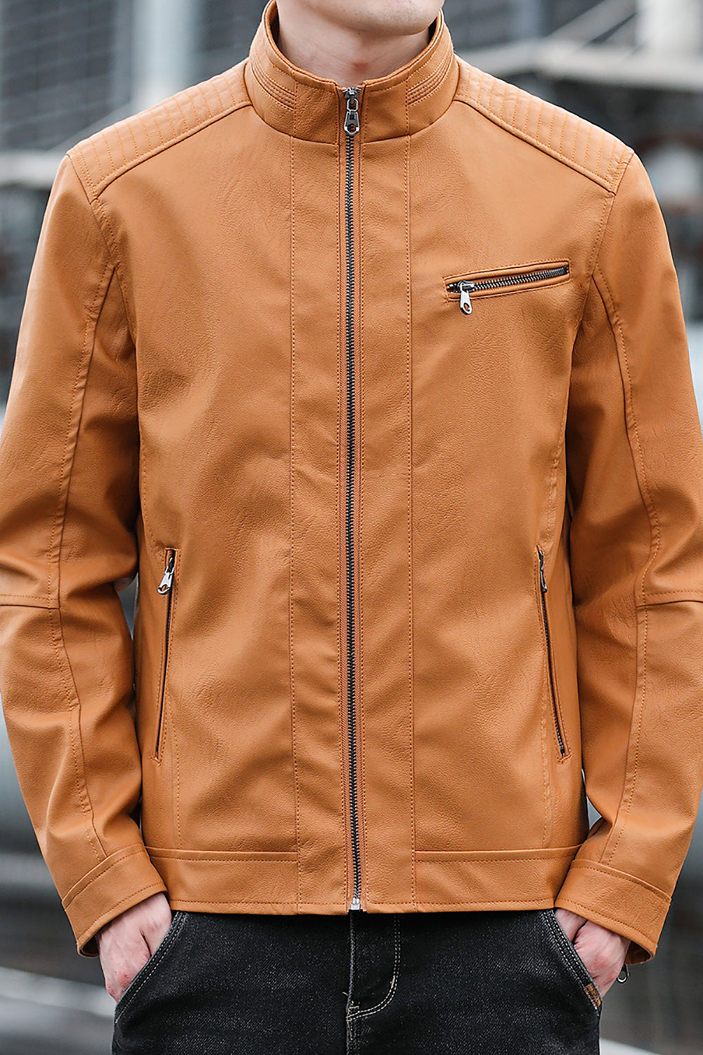 Men Mock Collar Solid Casual Leather Jacket