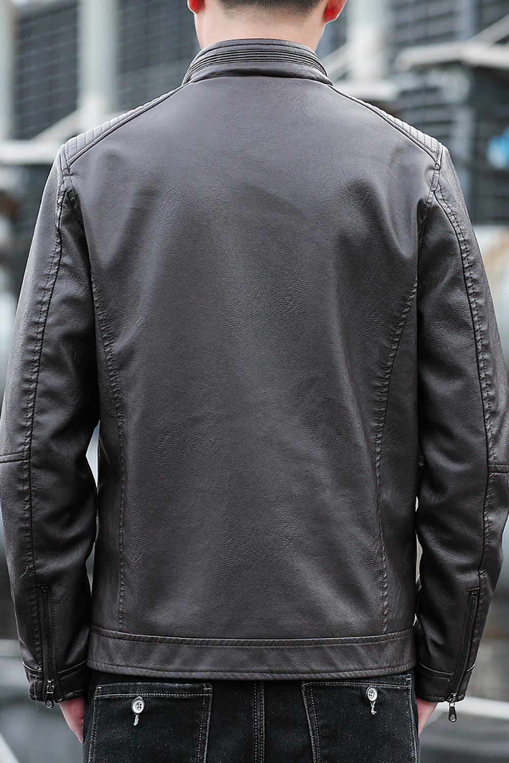 Men Mock Collar Solid Casual Leather Jacket